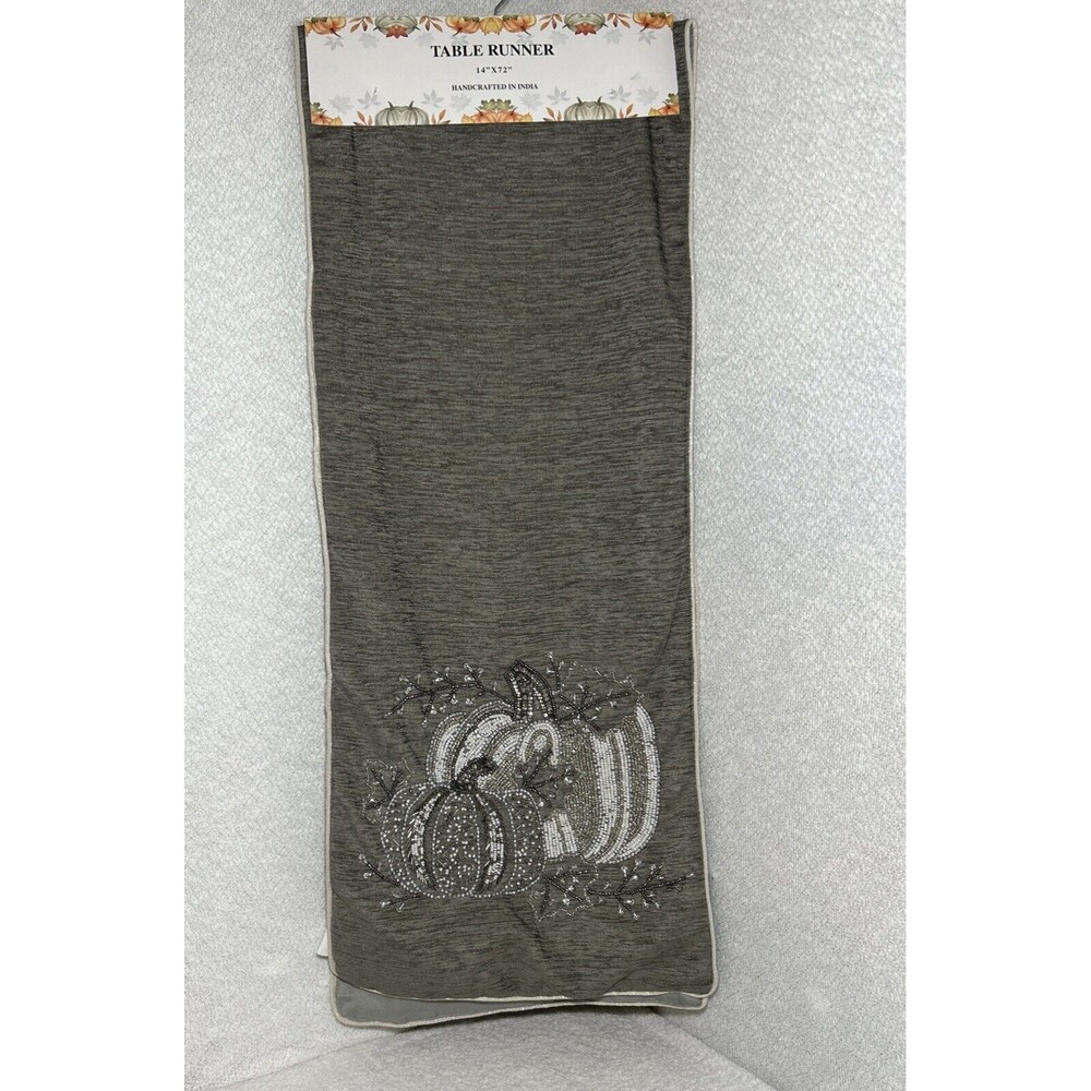 Beaded Silver Harvest Pumpkins Table Runner Thanksgiving Home Dining Kitchen